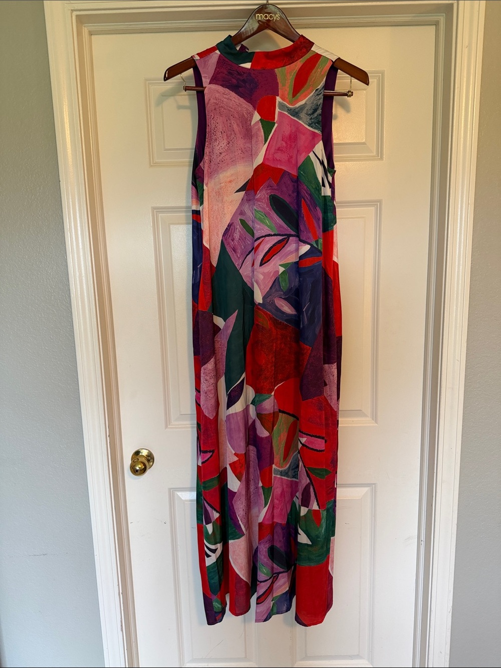 Nicole Miller Multicolor Abstract Sleeveless Maxi Dress in Red, Pink & Green